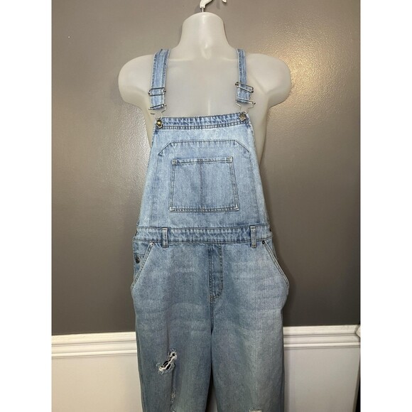 Wild Fable Overalls Womens Large Light Wash Denim Bib Distressed Ripped Jeans - Picture 1 of 12